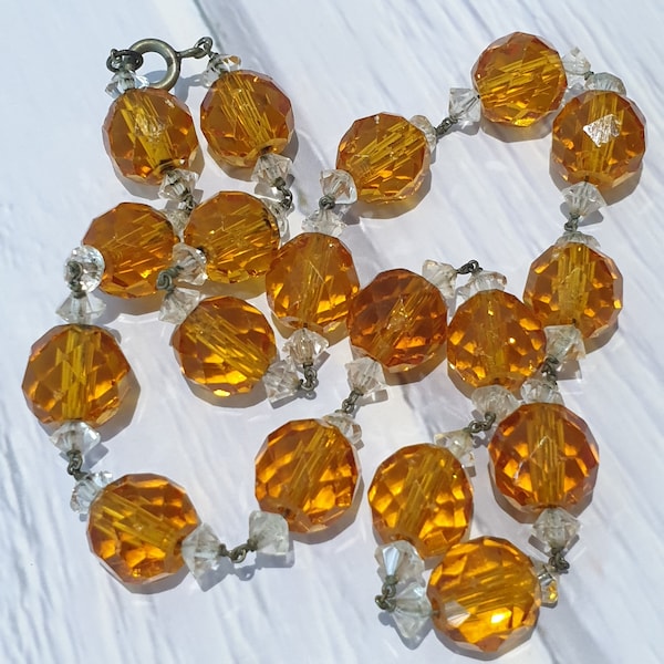 Stunning VINTAGE GLASS Faceted Bead NECKLACE Chain Link Yellow Orange 14.25" Choker