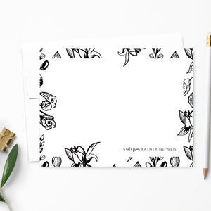 Personalized Note Card Set. Personalized Stationery. Black & White Floral. Personalized Stationary. Notecards. Personalized Gift // NC144 Ultra White