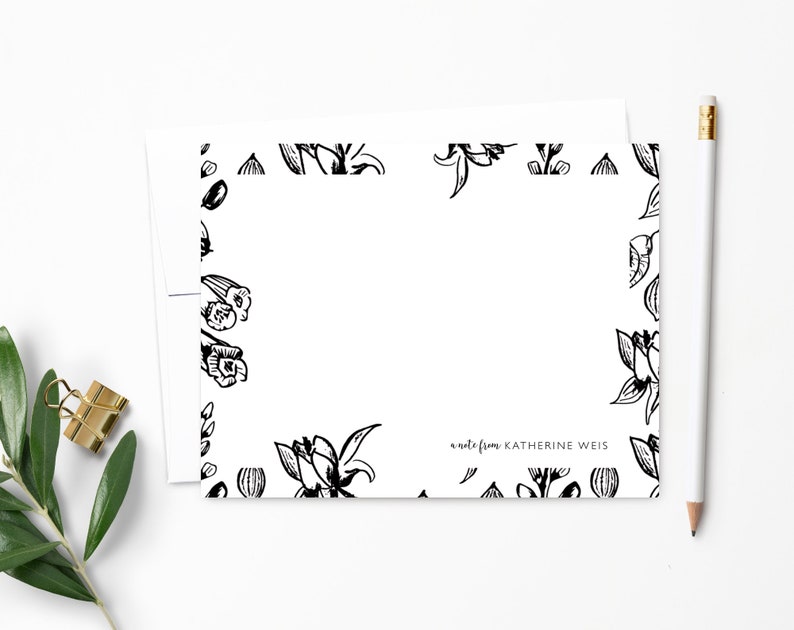 Personalized Note Card Set. Personalized Stationery. Black & White Floral. Personalized Stationary. Notecards. Personalized Gift // NC144 Ultra White