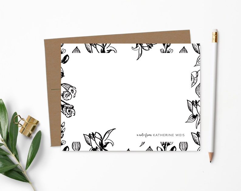 Personalized Note Card Set. Personalized Stationery. Black & White Floral. Personalized Stationary. Notecards. Personalized Gift // NC144 100% Recycled Kraft