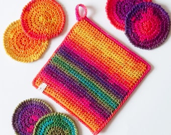 Brilliant Rainbow Set: Potholder, Trivet and 6 Coasters with Rainbow Lamé Thread