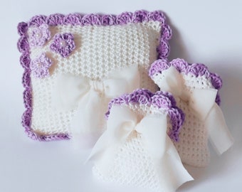 Ring holder cushion + 10 Lilac and White confetti bags - Wedding coordinated