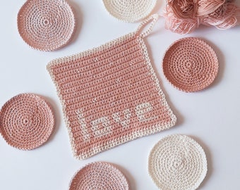 Powder Pink Trivet Holder Set with 6 Handmade Round Coasters