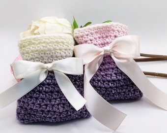 Bags for sugared almonds candies gift holders placeholder lilac purple ivory handmade crochet only 15 pcs