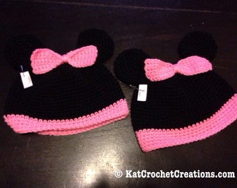 Crochet Mouse Hat Minnie Mouse Hat Avaliable in mulitiple sizes.