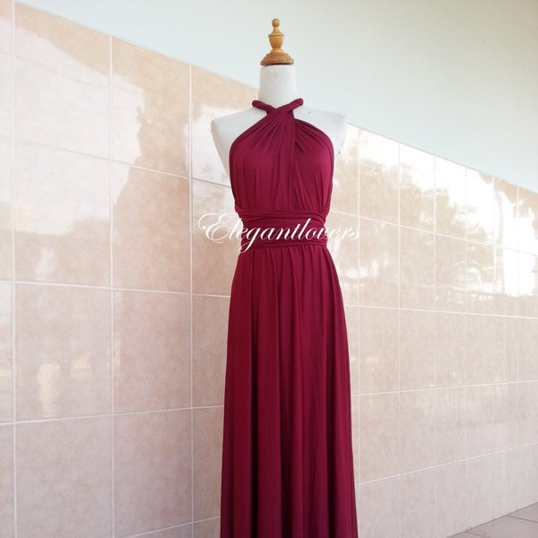 Red Wine Merlot Burgundy Maroon Wedding Bridesmaids Infinity Wrap Evening Cocktail Party Custom Made Women Prom Handmade Maxi Prom Dresses