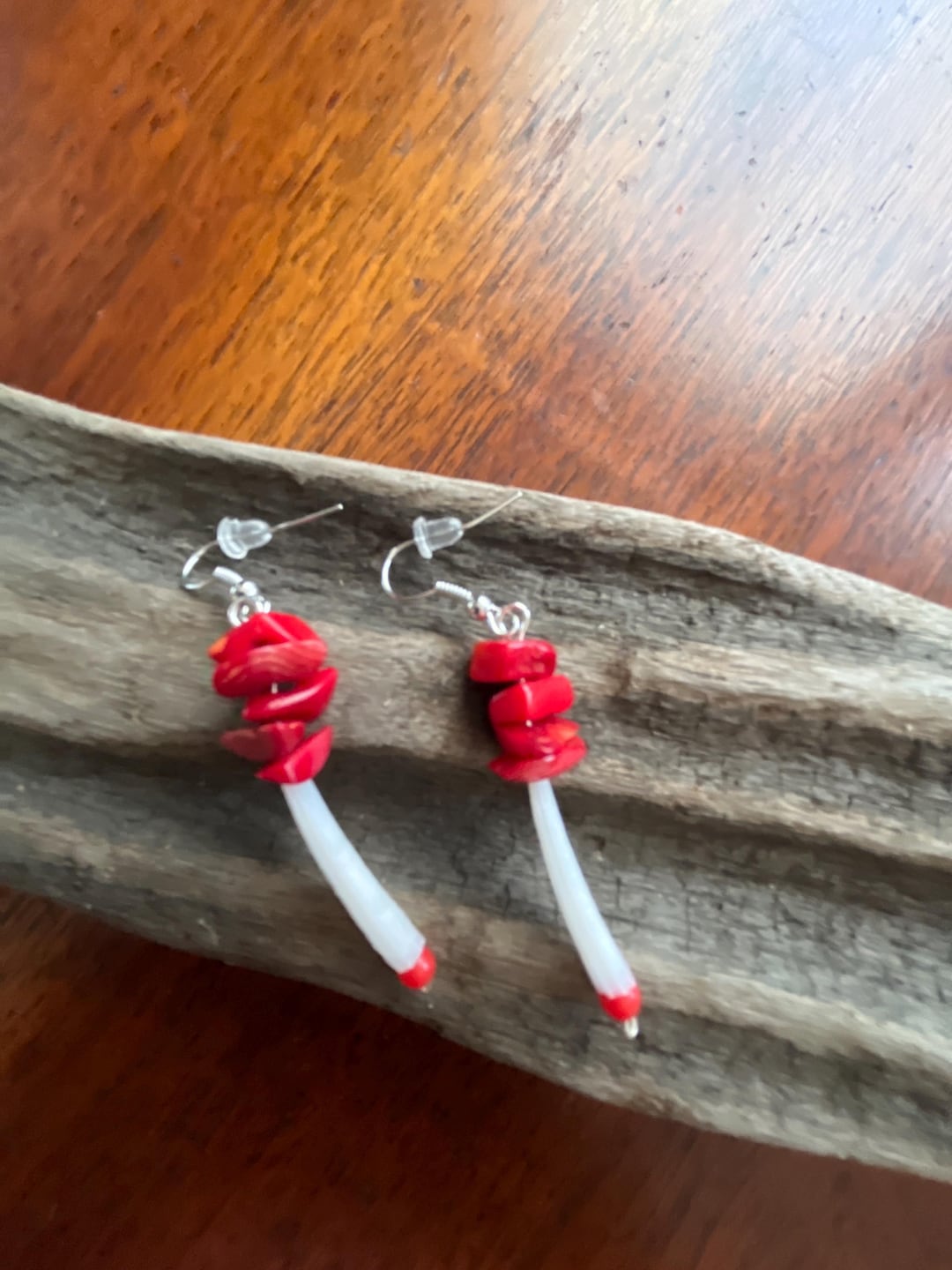 Native American Made Handcrafted Dentalium Horn Shell Earrings With Red ...