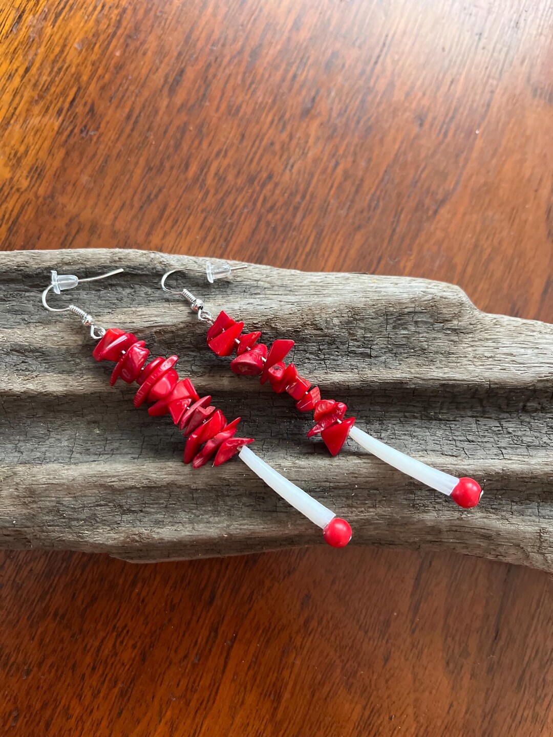 Native American Made Handcrafted Dentalium Horn Shell Earrings With Red ...