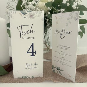 3seitige Menükarte Getränkekarte Hochzeitsmenü Aufsteller personalisiert Tischdekoration Tischnummer Hochzeit