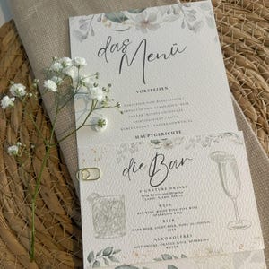 2teilig Menükarte Getränkekarte Hochzeitsmenü  personalisiert Tischdekoration Tischnummer Hochzeit