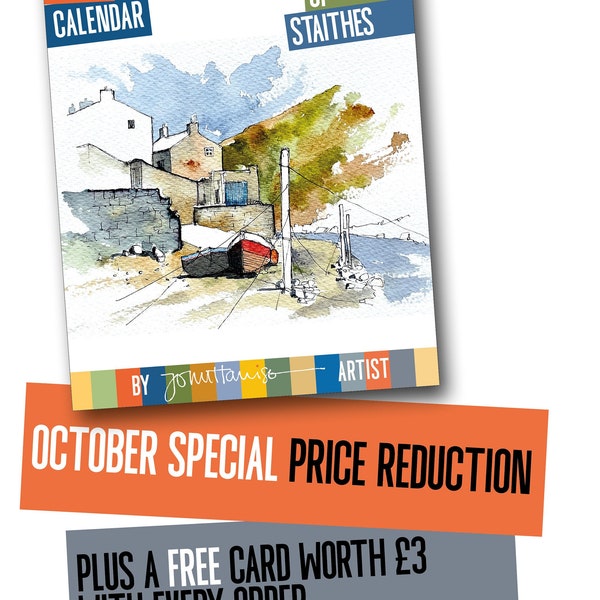 A4 wall calendar for 2024 featuring watercolour drawings of Staithes- one month per page OCTOBER SPECIAL PRICE