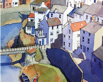 A hand finished card featuring a digital print of a watercolour illustration of Staithes Beck in the coastal village of Staithes