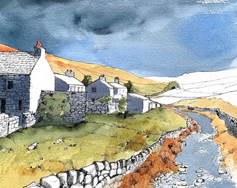 Artist card featuring a line and watercolour drawing of Thwaite in Swaledale, Yorkshire