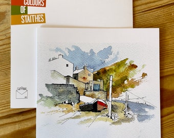 Artist card featuring a line and watercolour drawing of a view of the iconic village of Staithes on the North Yorkshire coast