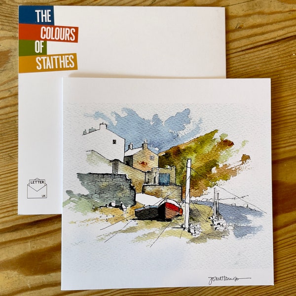 Artist card featuring a line and watercolour drawing of a view of the iconic village of Staithes on the North Yorkshire coast