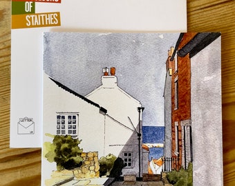 Artist card featuring a line and watercolour drawing of a view of the iconic village of Staithes on the North Yorkshire coast