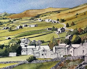 A hand finished card featuring a digital print of a watercolour illustration of the village of Gunnerside in Swaledale