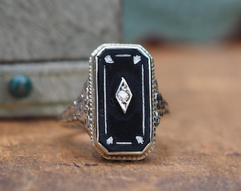 Antique Art Deco Solid 14k White Gold Size 4.75 Onyx and Diamond Ring