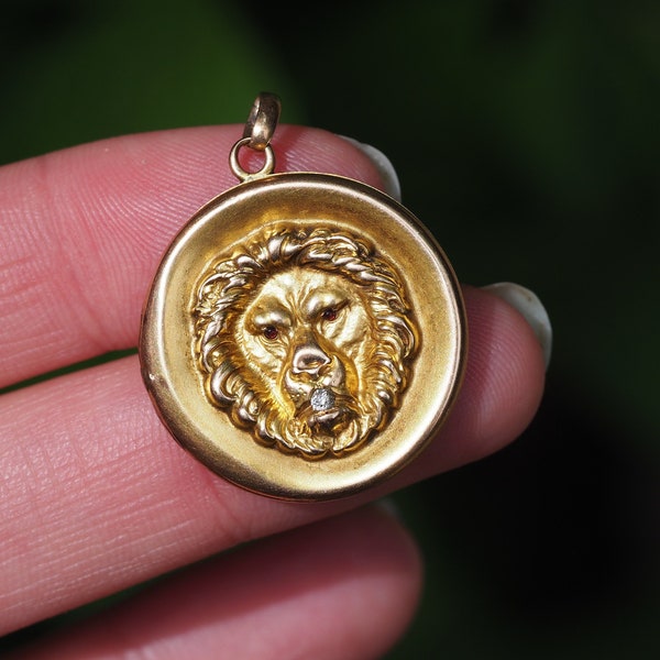 Antique Art Nouveau 9k Gold Ruby and Diamond Lion Locket / ca. 1910s / Monogram