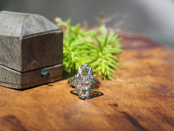 Antique Art Deco Solid 18k White Gold Size 5.5 Diamond and Synthetic Emerald Shield Style Filigree Cocktail Ring