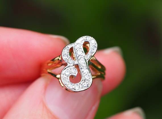 Vintage 1990s Diamond, S, P, or J Letter Ring in … - image 1