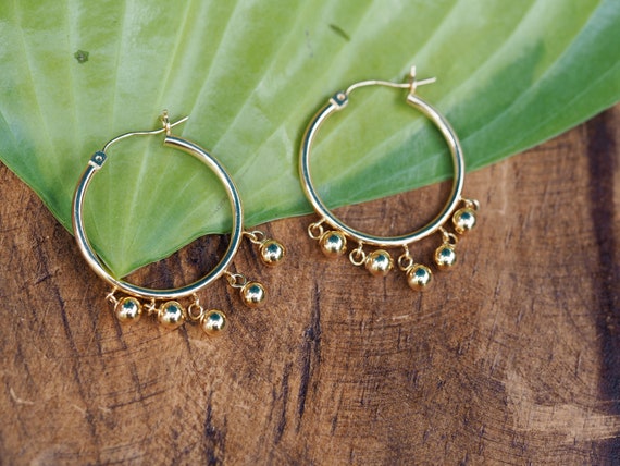 18k Yellow Gold Dangle Hoop Earrings - image 2