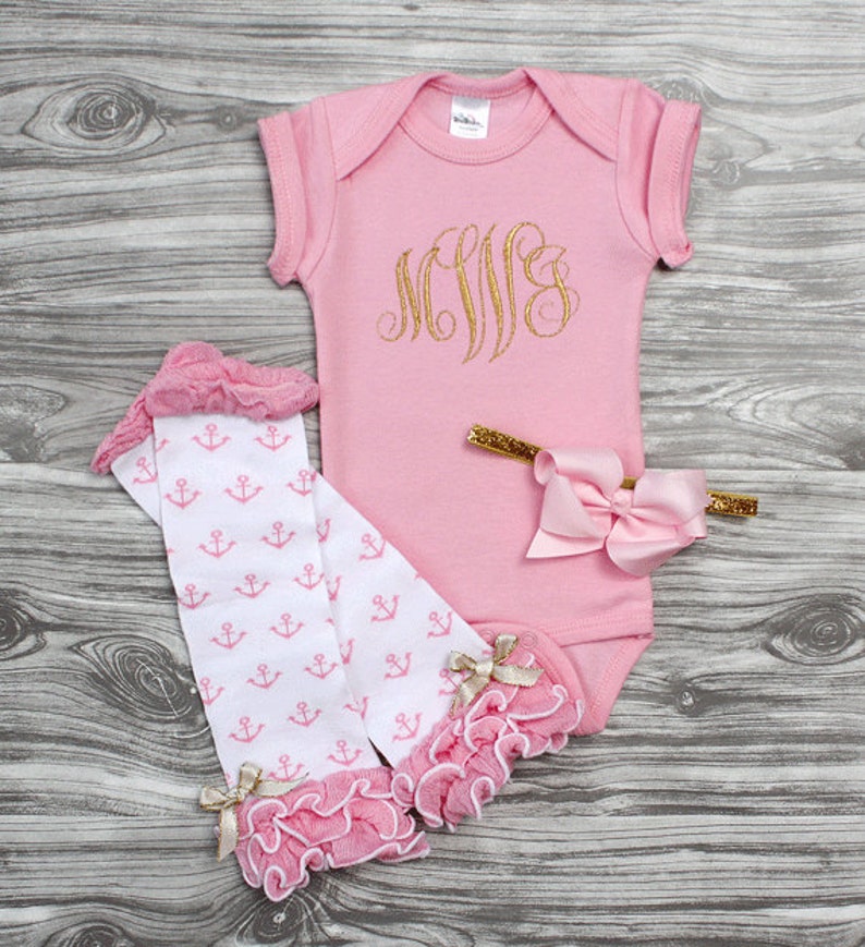 Baby girl coming home outfit in pink and gold monogrammed onepiece bodysuit and bow headband Personalized baby shower gift baby girl glam