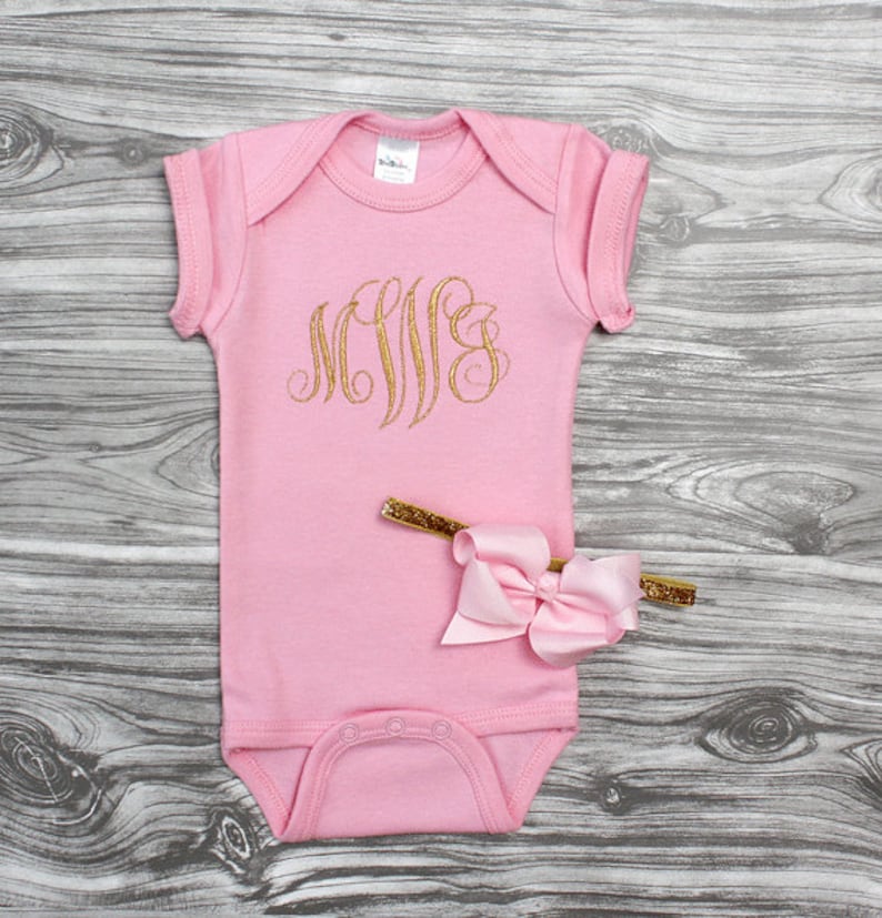Baby girl coming home outfit in pink and gold monogrammed onepiece bodysuit and bow headband Personalized baby shower gift baby girl glam