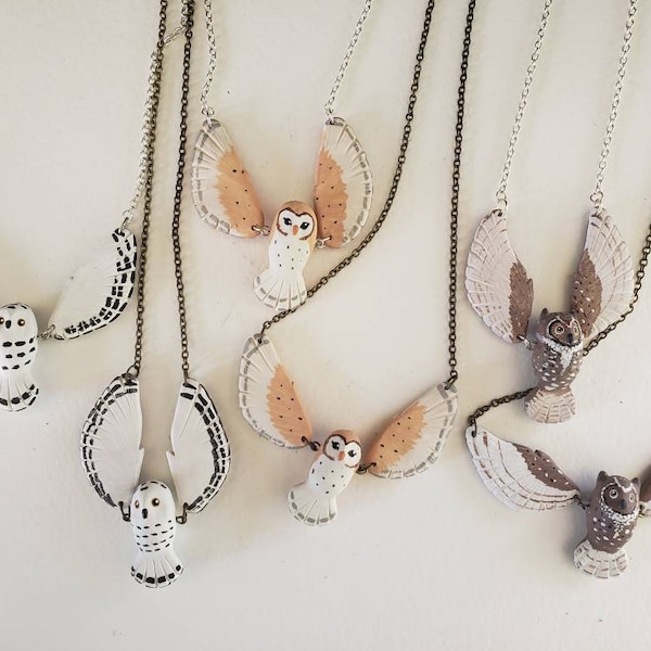 Owl Necklace with moving wings! Jointed, dangle jewelry barn snowy great horned owl Harry potter Hedwig silver and bronze chain