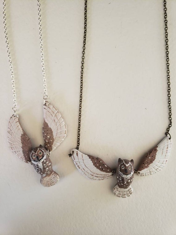 Owl Necklace With Moving Wings Jointed, Dangle Jewelry Barn Snowy