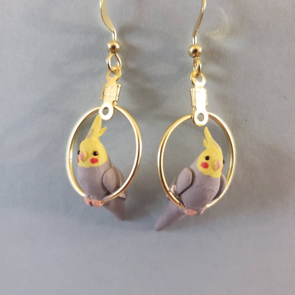 Cockatiel on a perch earrings mini polymer clay bird hook earrings