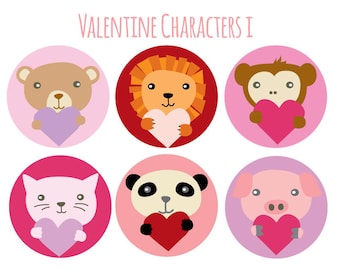 Valentine Clip Art Circles - Cute Animals Clipart -  Zoo Animals - Cupcake Toppers