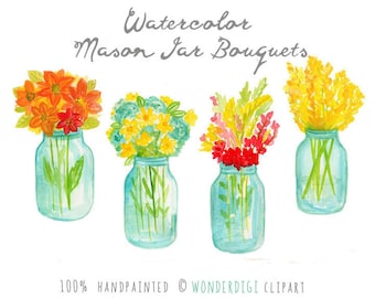Puede incluir: Cuatro ilustraciones de acuarela de tarros de cristal llenos de flores de diferentes colores. Los tarros son todos del mismo tamaño y forma, y ​​todos están llenos de flores que están en flor. Las flores son de diferentes colores, incluyendo rojo, amarillo, naranja y rosa. Los tarros están todos sobre un fondo blanco. Acuarelas de ramos de flores en tarros de cristal.