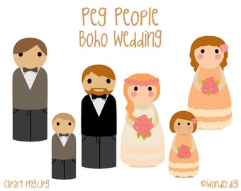 Peg People Clipart - Wedding Clipart - Peg People Wedding Party  - Cute Characters Clip art - INSTANT DOWNLOAD