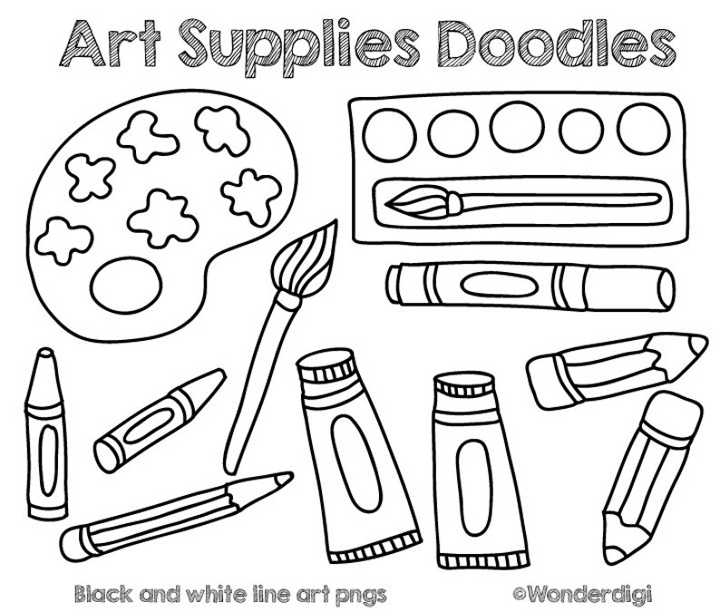 Art Supplies Clip Art Doodles Kids Clipart School Clipart Line Art Digital Stamps