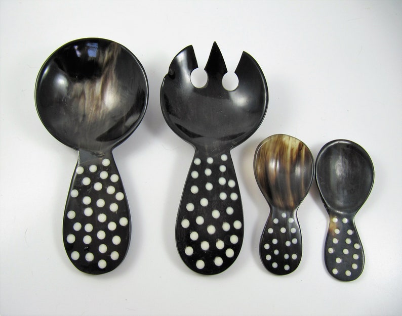 Vintage Horn with Shell Dots Inlay Set of 2 Caviar Spoons 2 salad Spoons