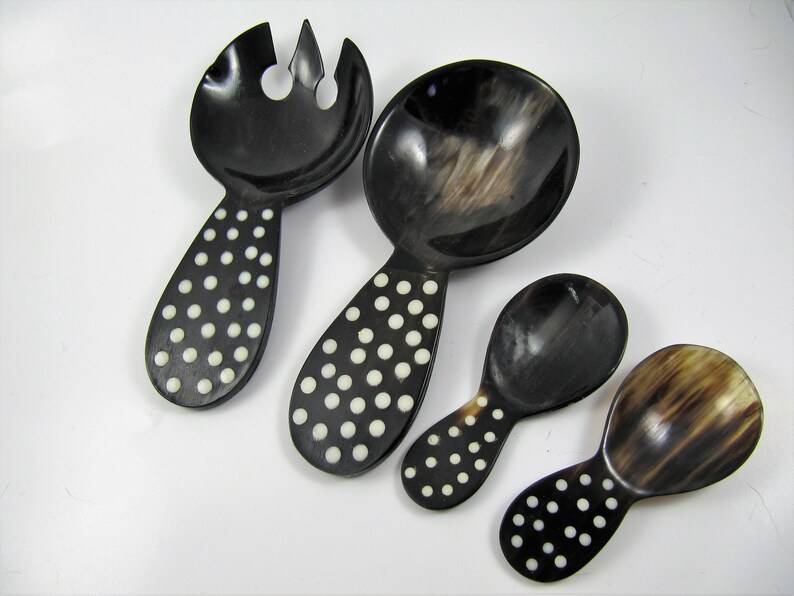 Vintage Horn with Shell Dots Inlay Set of 2 Caviar Spoons 2 salad Spoons