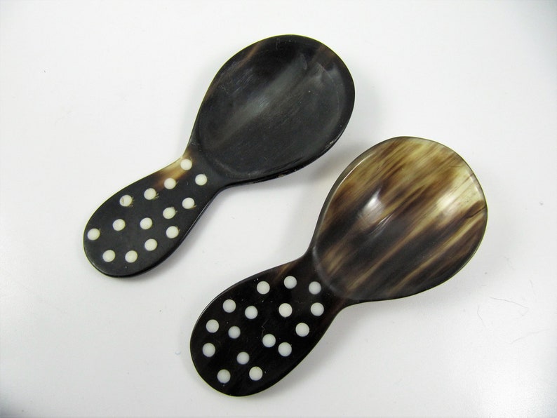 Vintage Horn with Shell Dots Inlay Set of 2 Caviar Spoons 2 salad Spoons