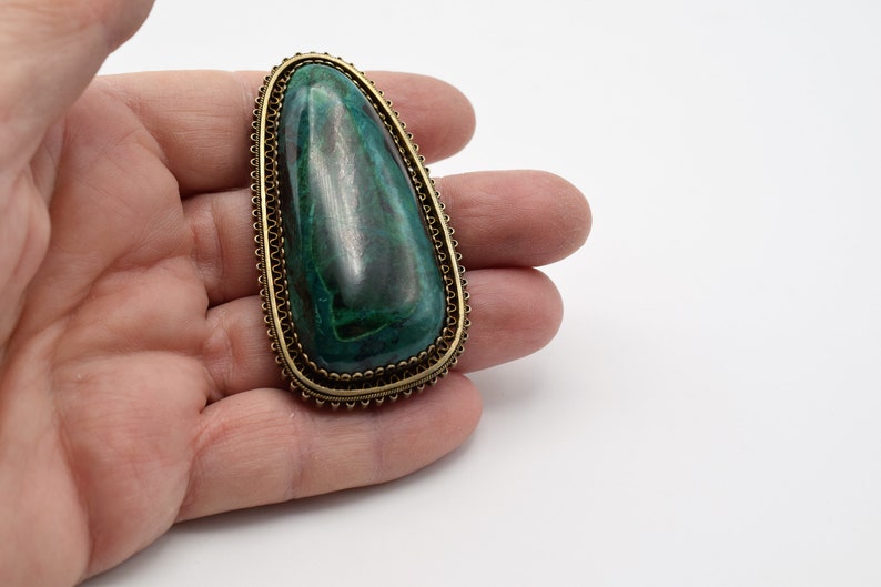 Vintage Large Gold Plated Silver 935 /& Malachite Handcrafted Filigree Brooch Pendant ISRAEL