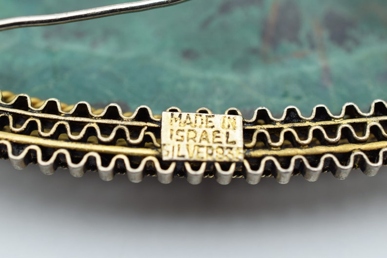 Vintage Large Gold Plated Silver 935 /& Malachite Handcrafted Filigree Brooch Pendant ISRAEL