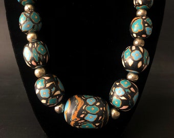 Large Bead Necklace. Blue, Black, Pink, Gold and Green Beaded Necklace