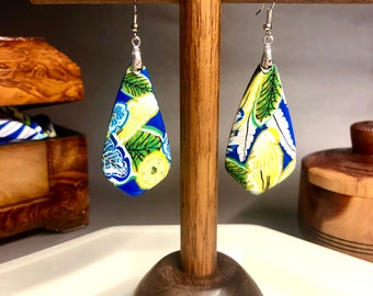 Dangle  Earrings, drop earrings, wearable Art jewelry, quality craftsmanship, extraordinary jewelry. Colors-blues, yellow, white leaves.