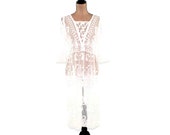 White Lace Dress Romantic Embroidered Boho White Dress Sheer Edwardian Gatsby 20s Style Beach Wedding Dress XS Small Medium Womens Clothing