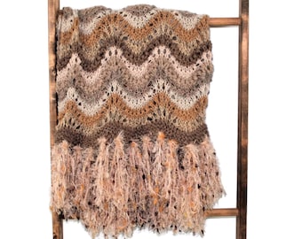 Knitted Afghan with Fringe, Hand Knit Blanket Large Throw, Earth Tone Beige Brown & Taupe, Neutral Home Decor, Handmade Unique Gift Idea