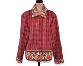 Quilted Jacket Women Barn Coat Cotton Floral Plaid April Cornell Fall Winter Clothes Country Boho 90s Vintage Clothing Medium Large