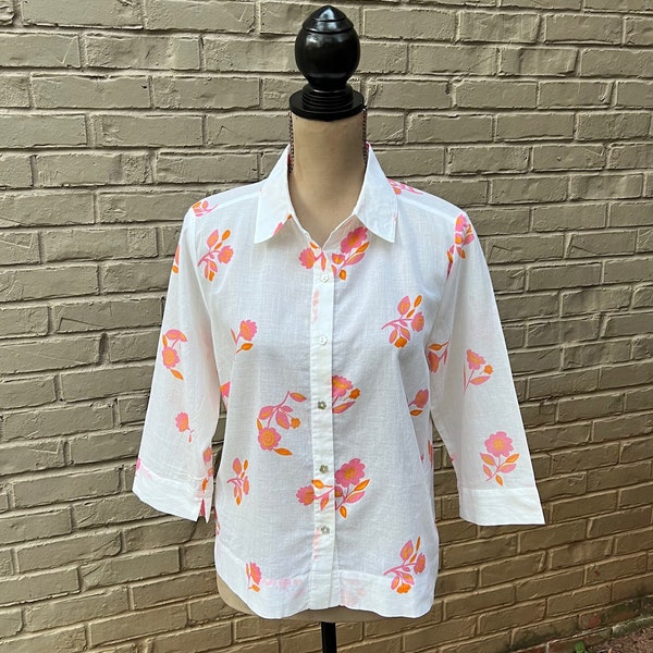 M 90s Semi Sheer Button Up Blouse Medium, White Pink Orange Floral Print Shirt, 3/4 Sleeve Cotton Top Casual, 1990s Clothes Women Vintage