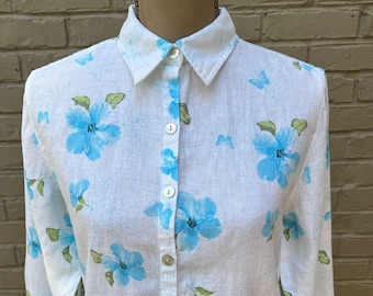 S 90s Y2K Long Sleeve Linen Blouse Small, White + Blue Floral Button Up Top Loose Fit Collared Shirt Casual Clothes Women Vintage Clothing