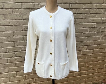 S 80s Soft Acrylic Knit Cardigan Small, Creamy White with Gold Buttons & Pockets, Collarless Button Up Sweater 1980s Clothes Women Vintage