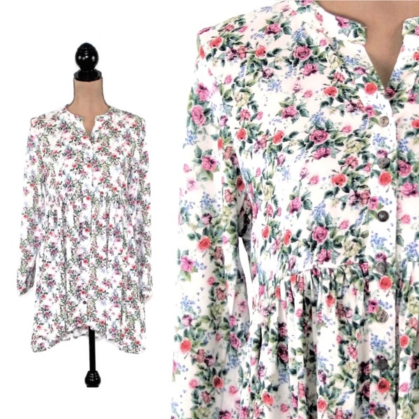 Long Sleeve Floral Flowy Blouse, Collarless Button Up Long Tunic, Babydoll Shirt Rayon Boho Top, Spring Summer Cottagecore Clothes for Women