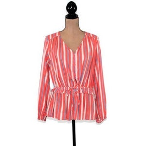 Coral Orange Stripe Button Down Rayon Shirt Long Sleeve Peplum Top Loose Fit Cinched Waist Drawstring Collarless Blouse Women Clothes Casual image 4